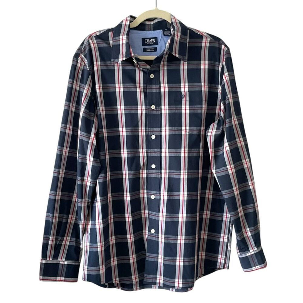 Men’s Chaps Plaid Long Sleeve Button-Up Shirt - Size Large - Red White Blue